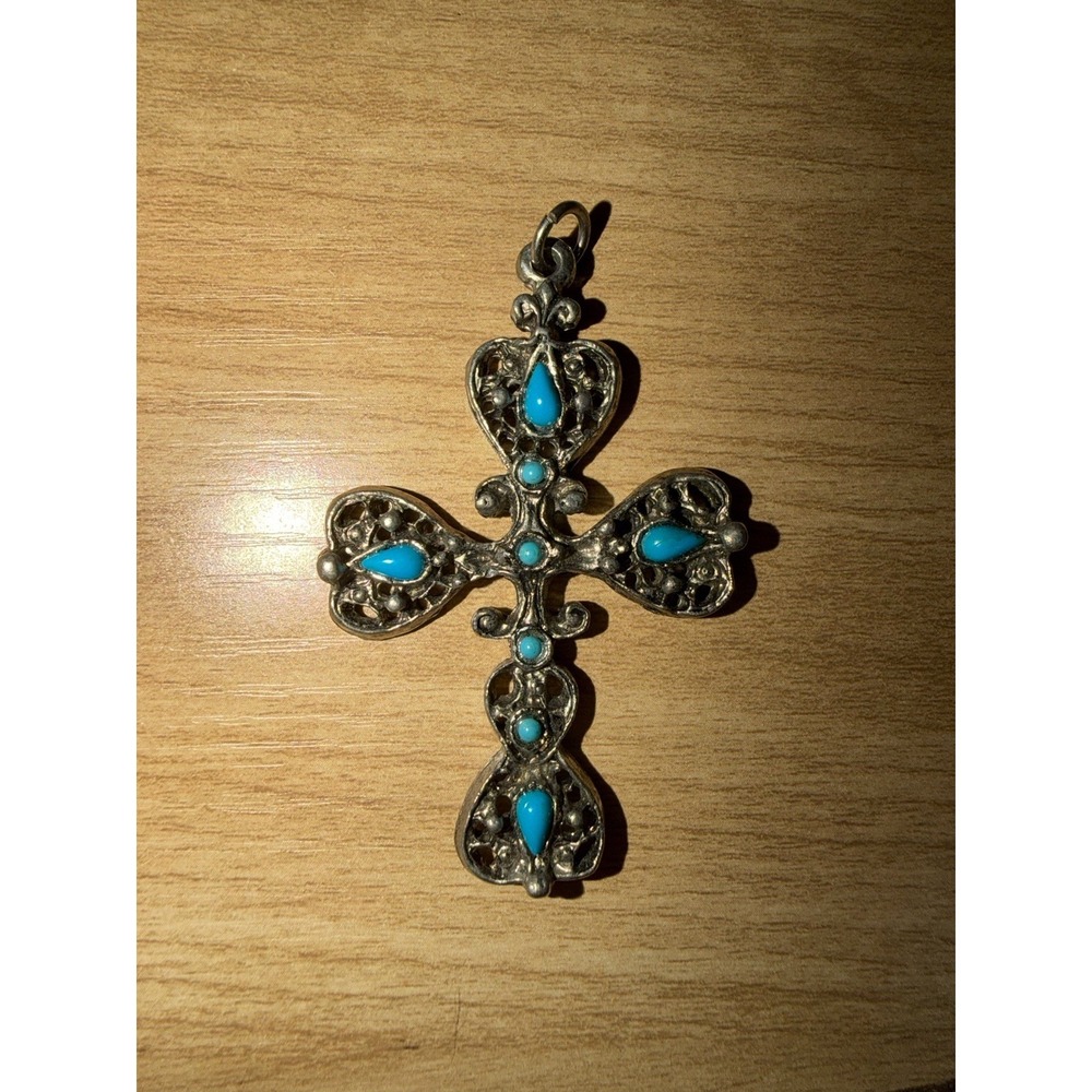 Vintage Silver Tone Roma Ornate Filligree Cross Faux Turquoise Cross Pendant